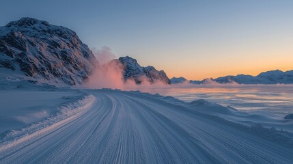 Serene Winter Landscape Snow Covered Road at Sunrise with Mountain and Frozen Lake