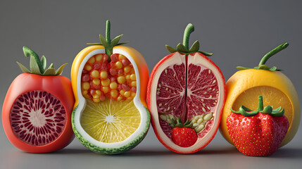 Artful arrangement of fruits shaped like bottles and designs.