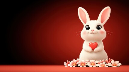 Fototapeta premium Adorable White Bunny Rabbit Holding Heart Valentine s Day Cute Cartoon Animal Illustration