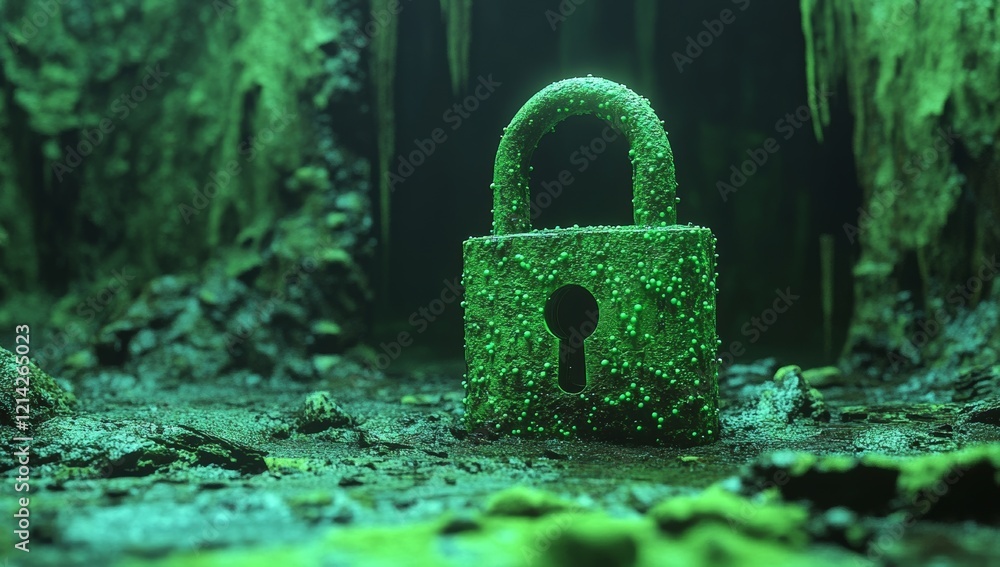 Poster a vibrant green digital padlock graphic placed on a background of interconnected nodes, illustrating