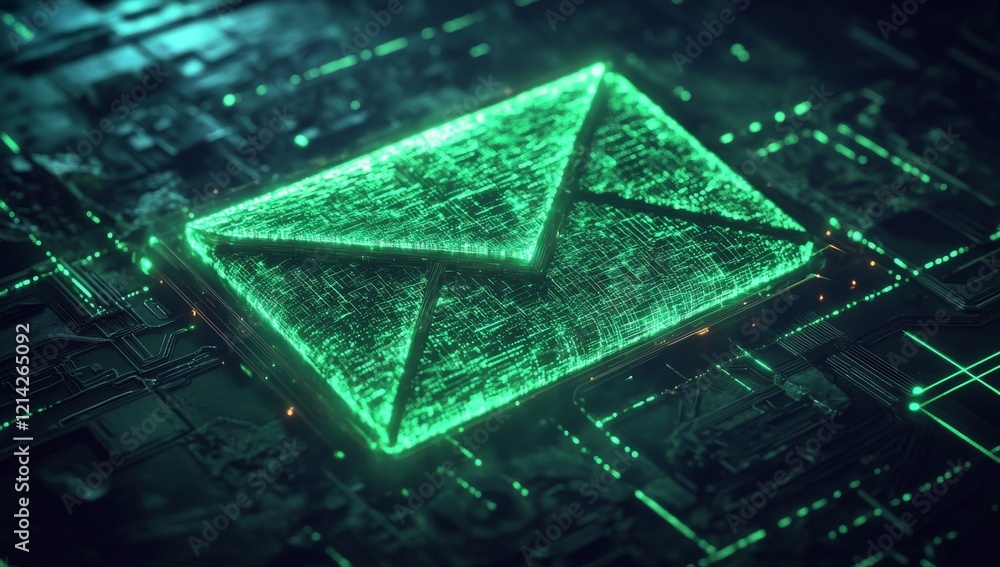 Poster a 3d-rendered digital envelope icon with a holographic effect on a dark, connected network backgroun