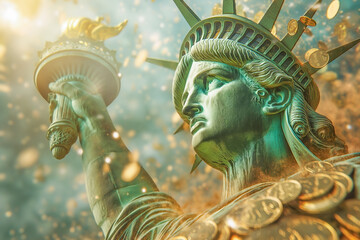 Freedom and wealth concept. Statue of Liberty surrounded by a golden coins. Horizontally. 