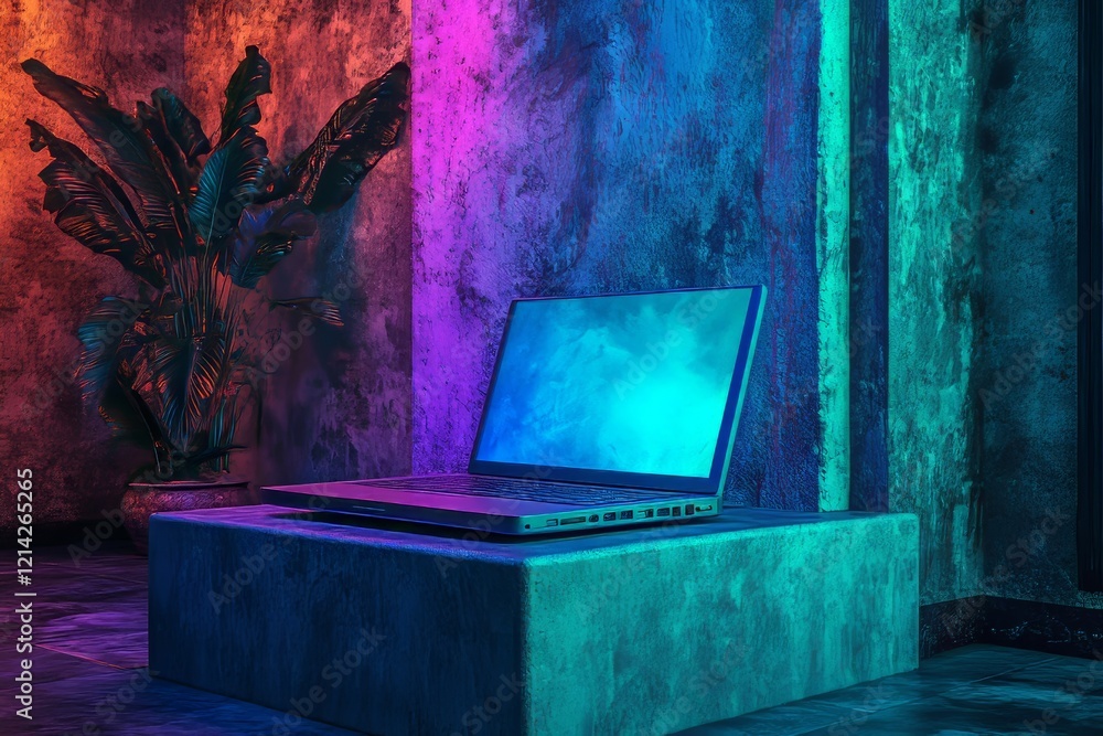 Poster a minimalistic composition featuring modern laptops with open screens placed on a textured backdrop.