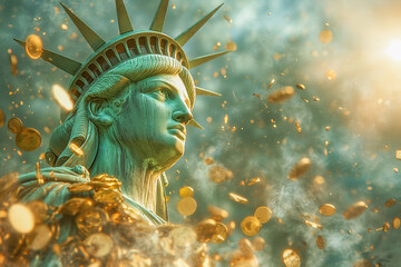 The Statue of Liberty surrounded by a swirling shower of golden coins, creating a dynamic and surreal atmosphere under dramatic lighting.