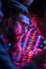 Focused team collaborating on a digital project, illuminated by vibrant lights.