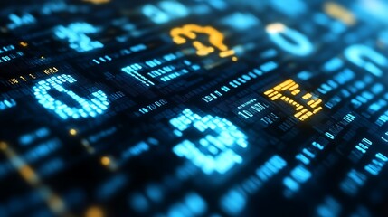 Abstract digital data stream, glowing numbers and symbols.
