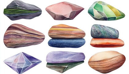 A vibrant collection of hand-painted gemstones showcasing unique colors and shapes on a white background