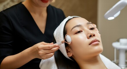 Asian female receiving relaxing facial massage with jade roller at spa