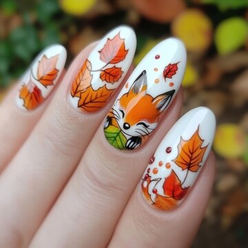 Closeup of cute bright manicure with red fox and autumn leaves pattern. Beauty and fashion concept for poster, print, banner or wallpaper.