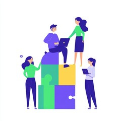 A diverse group is around a large stack of puzzle pieces, collaborating