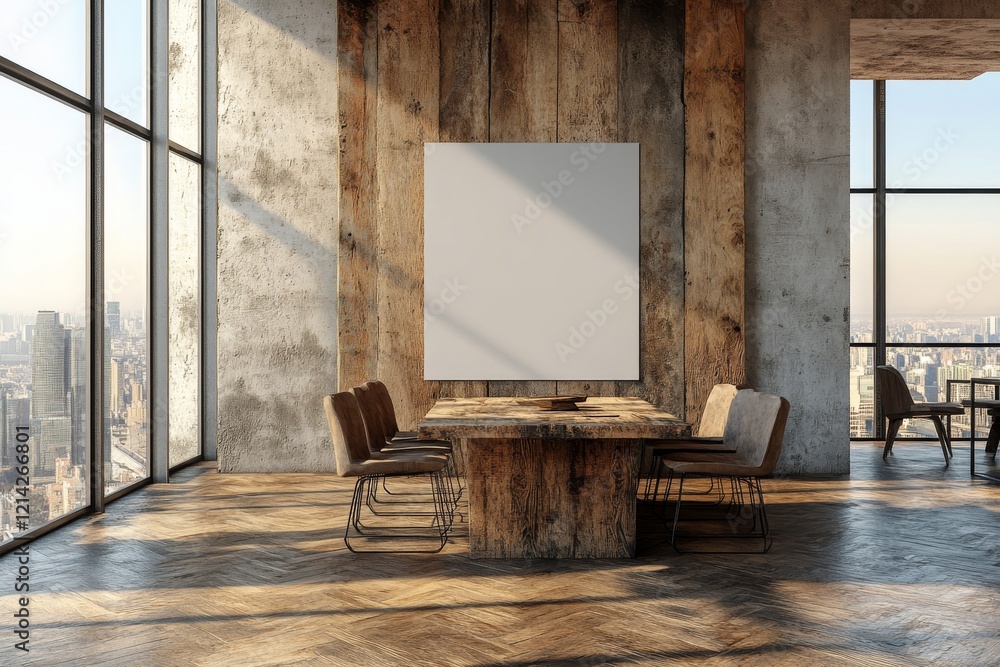 Poster a modern boardroom with a large blank canvas on the wall for signage or presentations, illuminated b