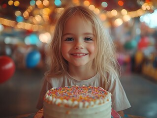 Happy girl with birthday cake at carnival.