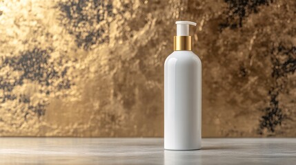 Elegant white bottle on pastel concrete with a gold wall behind, perfect for showcasing cosmetic packaging design and luxury beauty branding.