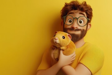 Cartoon Man Gently Holds a Yellow Guinea Pig