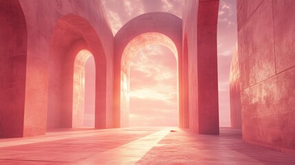 Fototapeta premium Pink Stone Archway at Sunset, Peaceful Path to Golden Sky