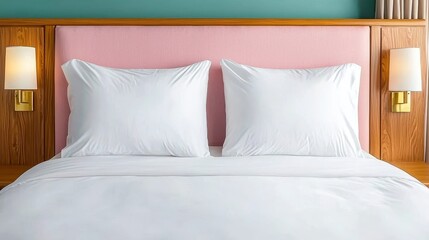 Luxurious Hotel Bedroom with Crisp White Bedding Pink Headboard and Wall Lamps