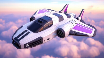 Futuristic Spaceship Soaring Above Clouds at Sunset Sci Fi Vehicle Concept Art