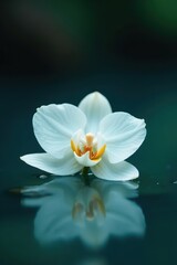 Single white orchid floats on calm water surface, white, asset
