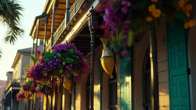 Mardi gras celebration building adorned with Mardi Gras decorations, bathed in warm evening light.