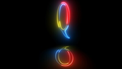 Glowing neon alphabet ''Q'' with shadow. Educational concept with neon letter Q. Shine text Q the best digital symbol.