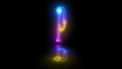 Glowing neon letter P animation. 3 color neon futuristic effect with shadow. Trendy glow lighting illustration.