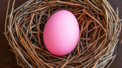 Obraz premium Pink Egg in Bird Nest Spring Easter Nature Delicate Pastel Background