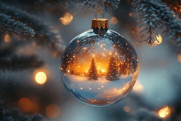 Glass Christmas ball reflecting winter scene.