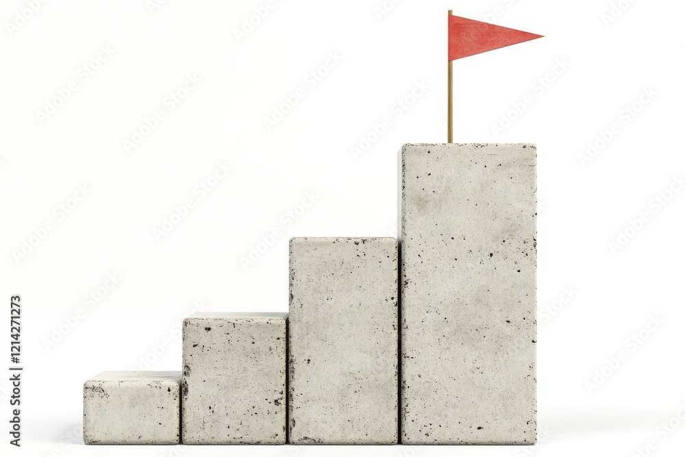 Poster concrete stairs with each step positioned progressively higher, culminating in a red flag atop the h