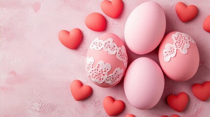 Obraz premium Pink Easter Eggs Decorated with Lace and Red Hearts on Pink Background