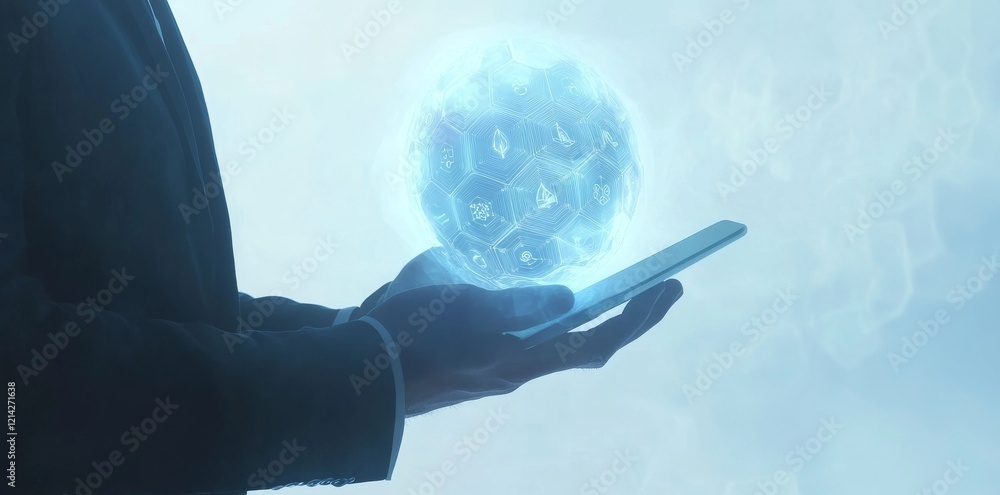 Aufkleber in a minimalist design with a white background, a man's hand holds a tablet displaying stock icons. 