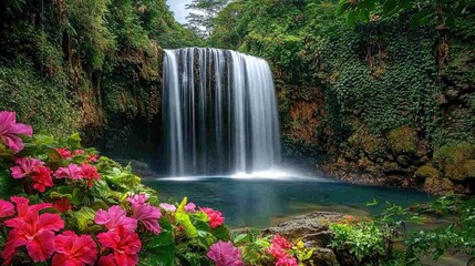 Fototapeta premium A majestic jungle waterfall, nestled in greenery, with colorful flowers and soft sunlight illuminating the scene