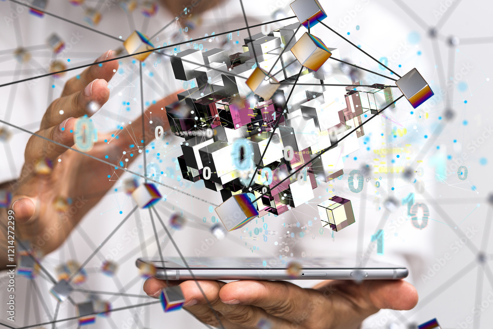 Poster Artificial Intelligence Cloud technology. Integrated digital web concept background