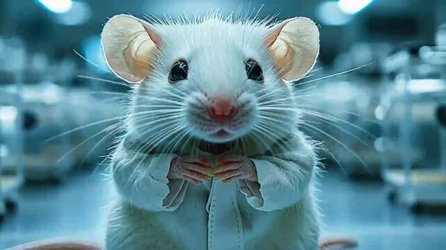 A cute laboratory mouse holding food, set in a scientific environment.