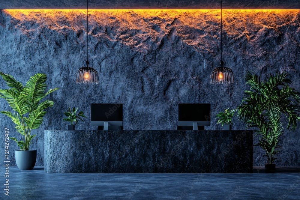 Poster the scene is set in a modern corporate lobby with an empty reception area that includes a dark desk,