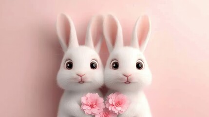 Obraz premium Adorable Pair of White Cartoon Rabbits Holding Pink Flowers on Pink Background