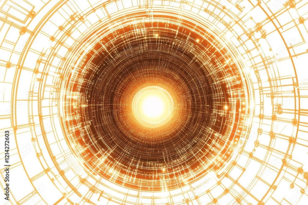 Poster clean and virtual tech concept depicted through a circular abstract pattern with colorful particles,