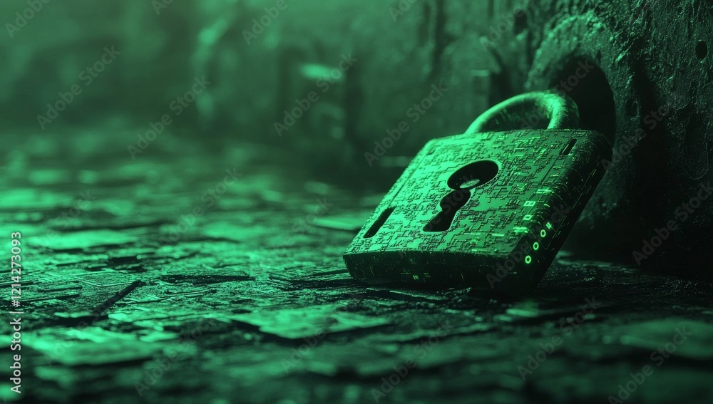 Aufkleber the image features a glowing green digital padlock on a networked nodes background, conveying the id