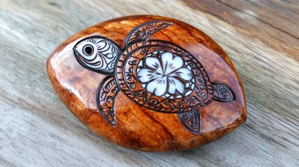 Intricate carved wooden turtle pendant with floral inlay.
