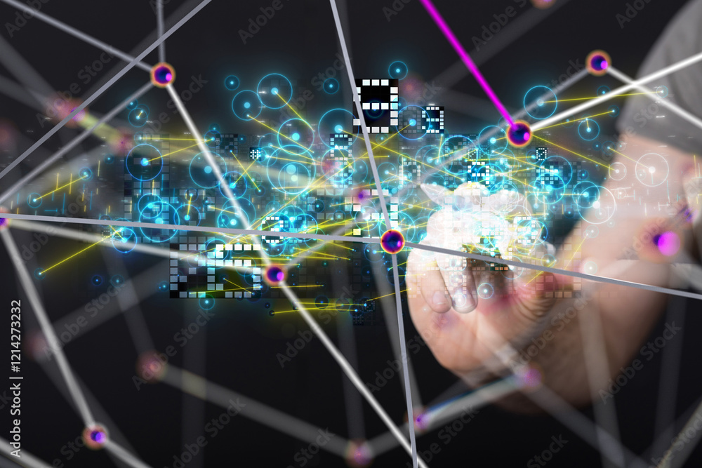 Poster neural network 3d illustration. big data and cybersecurity - 3d