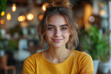 Fototapeta premium Smiling Woman in Yellow T-Shirt Working on Laptop at a Table in Modern Office, Warm Light, Minimalistic Style with Matte Colors and Blurred Background