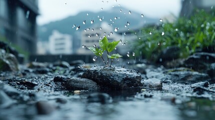 Fototapeta premium Small green sprout grows from wet asphalt during a heavy rain shower in an urban environment.