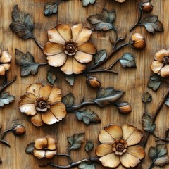 Seamless decorative wooden flowers pattern background