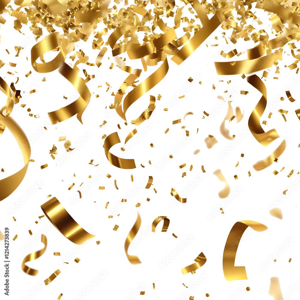 Wall mural realistic falling gold confetti and streamers seamless pattern on transparent background