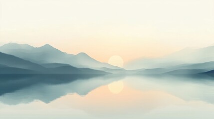 Serene sunrise over calm lake and misty mountains.