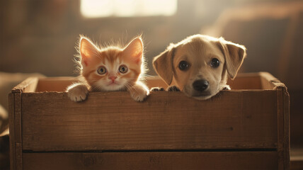 木箱から並んで顔を出す子猫と子犬の微笑ましい瞬間