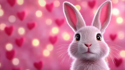 Obraz premium Adorable Pink Bunny Rabbit in Romantic Valentine s Day Setting with Hearts and Lights