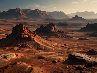 Naklejka premium Coucher de soleil sur un paysage extraterrestre, Lifeless empty desert background, Sunset hiking through Valley of Fire State Park in Nevada, Goblin Valley State Park