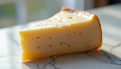 Slice of semi-hard cheese on a marble surface.