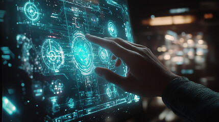 Hand Interacting with Holographic Interface Displaying Futuristic Graphs and Icons