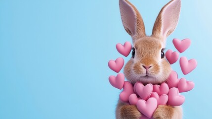 Obraz premium Adorable Bunny Rabbit Holding Pink Hearts Valentine s Day Cute Animal Love